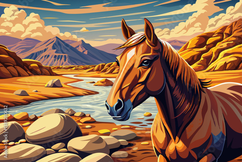 Brown horse standing in a dry rocky riverbed under harsh desert sunlight, calm and rustic desert scenes