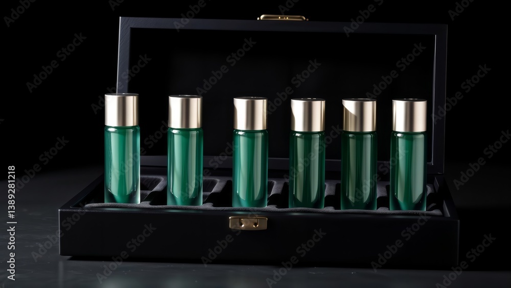 Luxury perfume set. Six bottles of emerald perfume inside a black case.