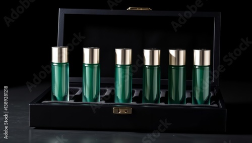 Obraz na płótnie Luxury perfume set. Six bottles of emerald perfume inside a black case. w salonie