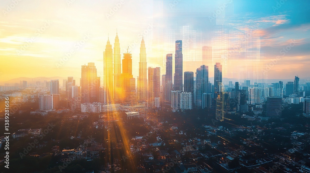 Obraz premium Futuristic Cityscape at Sunrise with Digital Overlays and Vivid Colors