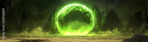 Wallpaper Mural A green energy orb glows. Fantasy landscape features towering rock formations and mist. Suitable for game design and art Torontodigital.ca