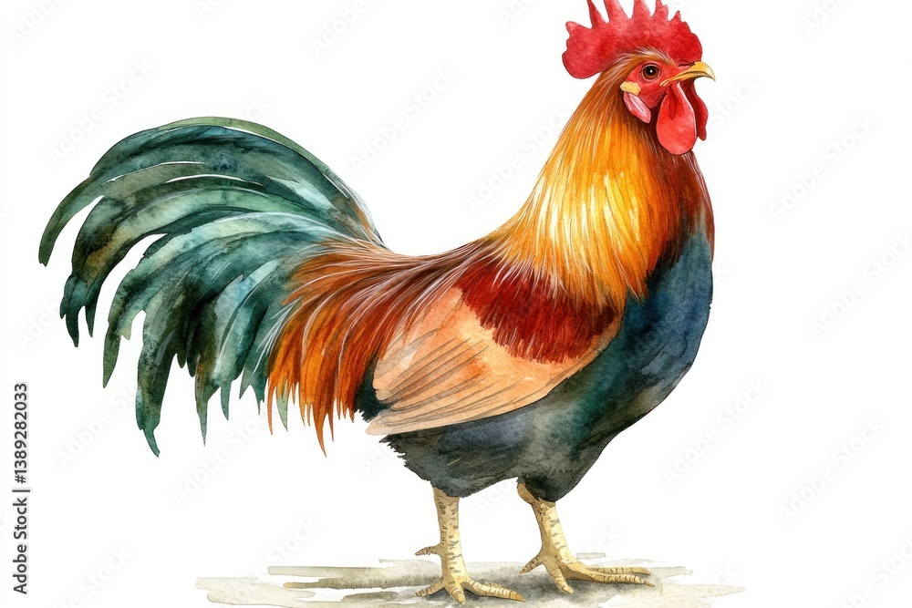 A colorful illustration of a majestic rooster in watercolor style A colorful illustration of a majestic rooster in watercolor style