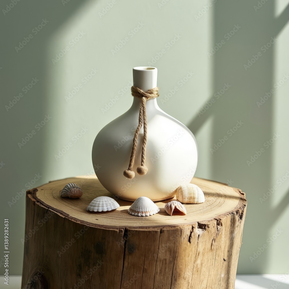 Vase with seashells. White vase with a rope on a wood stump and seashells around it, next to a light green wall.