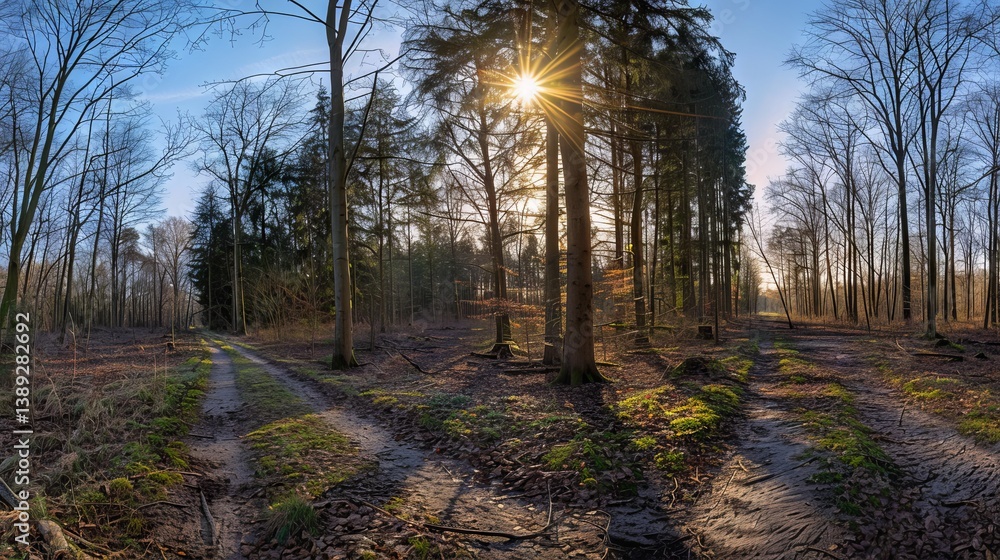 Stunning panoramic view of a forest landscape with sun rays shining through the trees, creating a peaceful and serene atmosphere