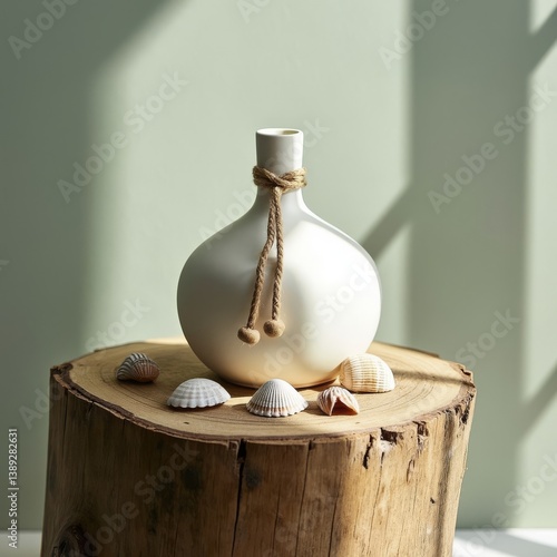 Obraz na płótnie Vase with seashells. White vase with a rope on a wood stump and seashells around it, next to a light green wall. w salonie