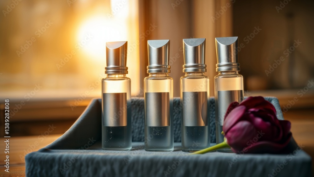 Essential oil roll-ons. Collection of four aromatherapy roll-on bottles with silver caps displayed on blue fabric with deep red peony flower.