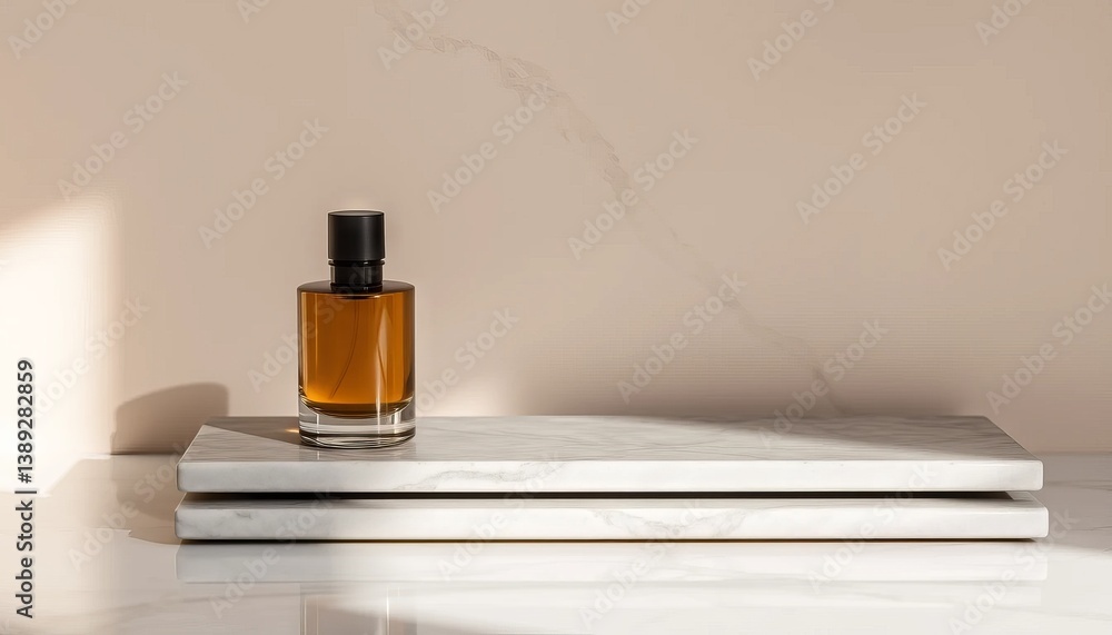 Elegant perfume bottle. Perfume bottle on a marble stand on a light background.