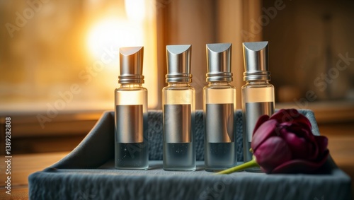 Obraz na płótnie Essential oil roll-ons. Collection of four aromatherapy roll-on bottles with silver caps displayed on blue fabric with deep red peony flower. w salonie