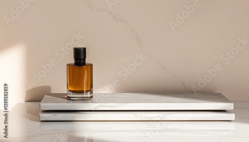 Obraz na płótnie Elegant perfume bottle. Perfume bottle on a marble stand on a light background. w salonie