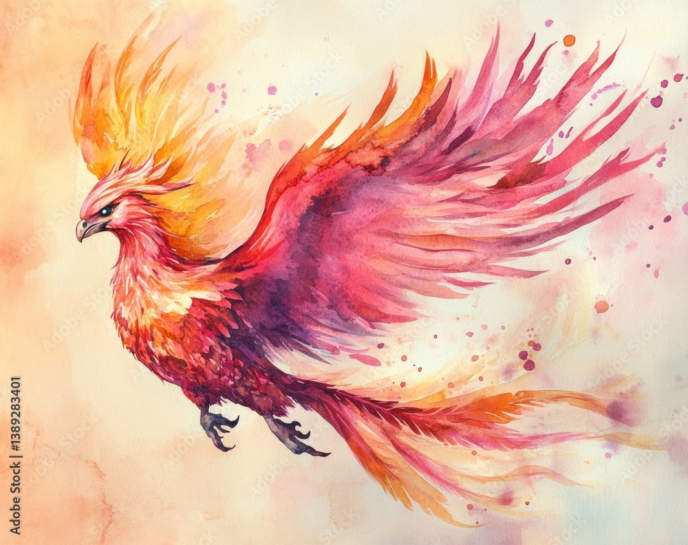 Obraz premium A colorful watercolor illustration of a soaring mythical firebird