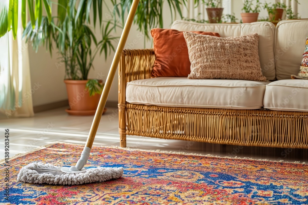 Home cleaning scene. White mop cleaning colorful patterned rug in cozy living room with wicker sofa, orange cushions and indoor plants.