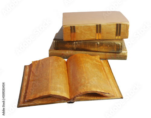 Open book and other old books on white.