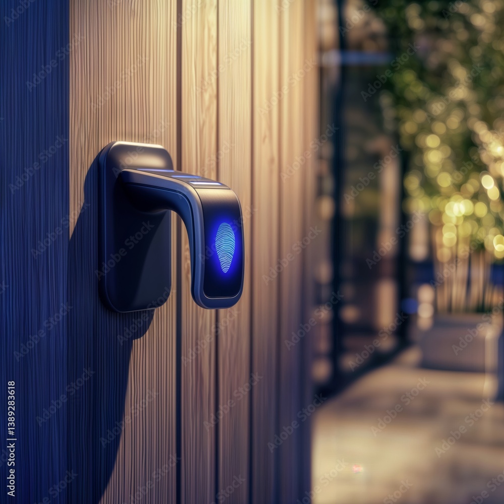 Biometric door lock. Modern fingerprint scanner glowing blue on wooden door, providing smart home security with soft focus background.
