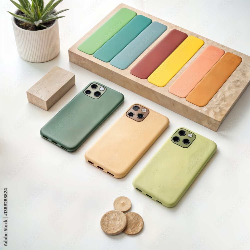 Colorful phone cases. Stylish smartphone cases in pastel colors with matching color blocks on wooden display, small houseplant and wooden accessories.