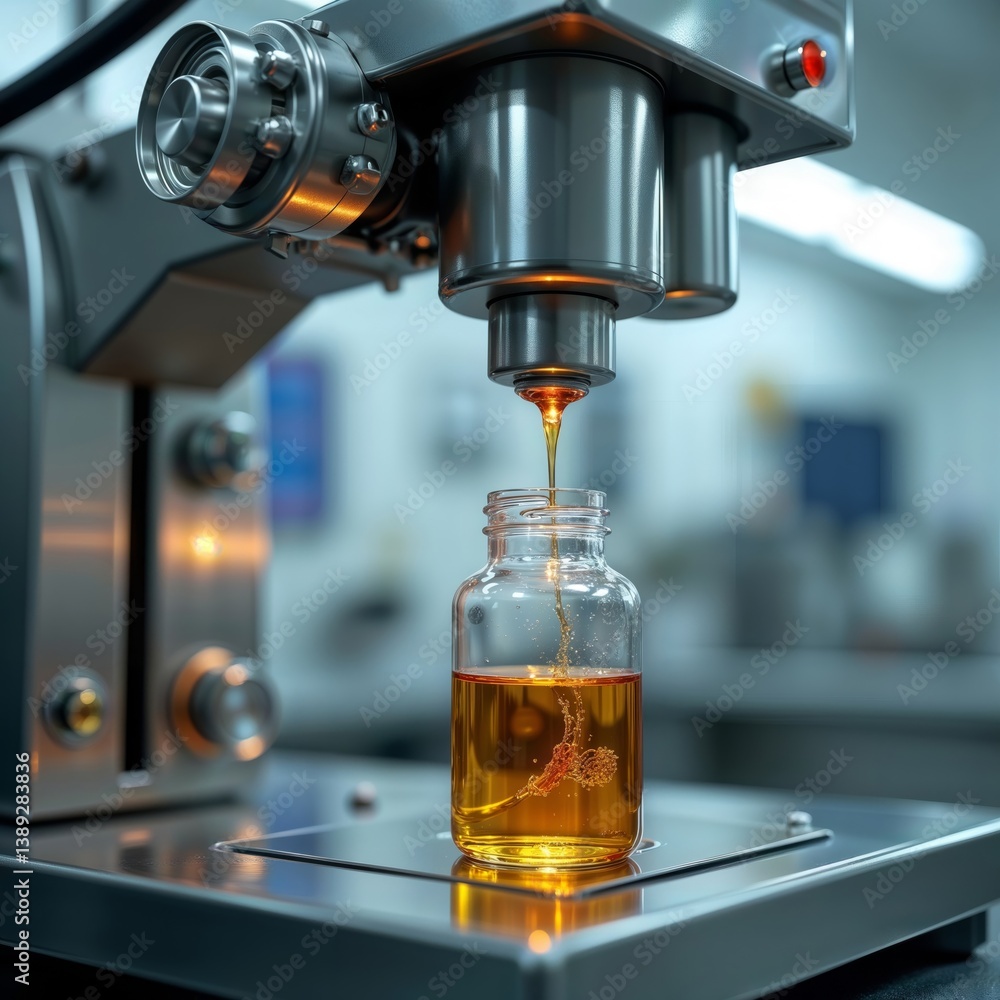 Oil Filling Process. Close-up of the process of pouring oil into a jar using an automated mechanism in a lab.