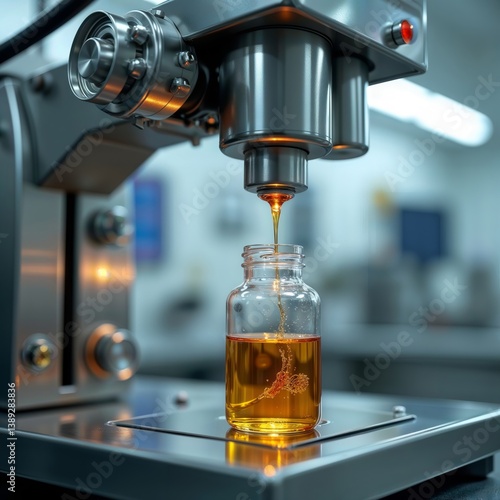 Obraz na płótnie Oil Filling Process. Close-up of the process of pouring oil into a jar using an automated mechanism in a lab. w salonie