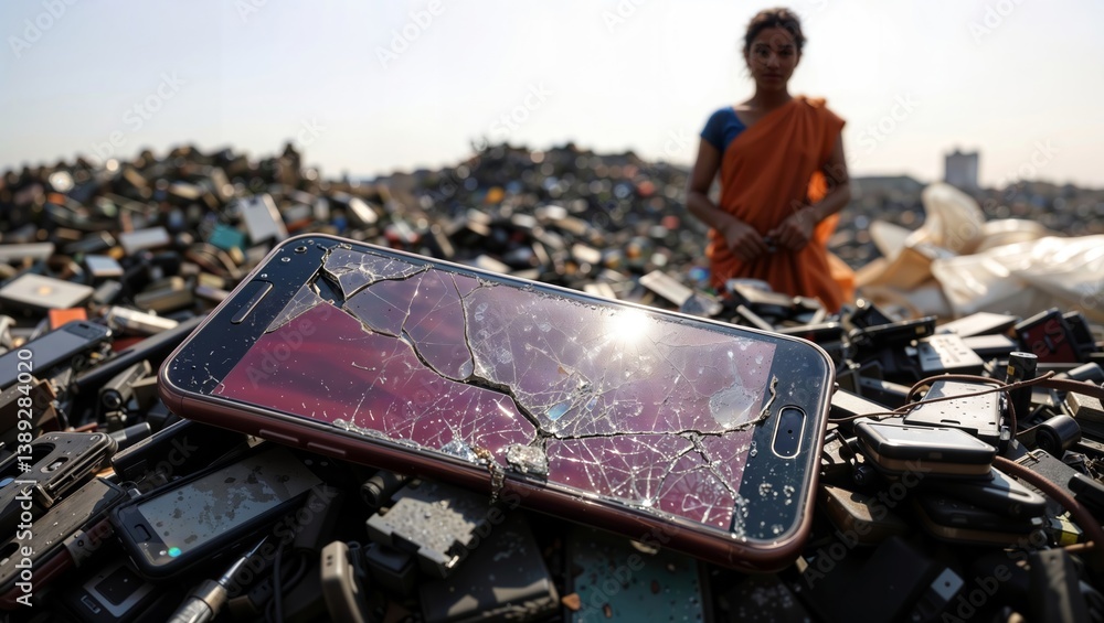 Broken Smartphone Junkyard. A woman stands in a junkyard filled with e-waste with a broken smartphone in the foreground.