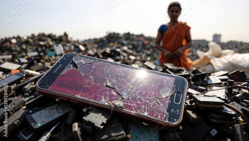 Obraz na płótnie Broken Smartphone Junkyard. A woman stands in a junkyard filled with e-waste with a broken smartphone in the foreground. w salonie