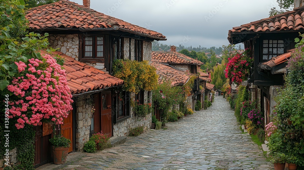 Quaint village street with stone houses, terracotta roofs, flowers