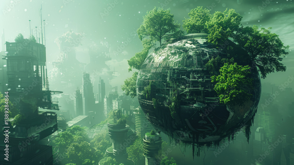 Obraz premium A green planet with a tree growing out of it