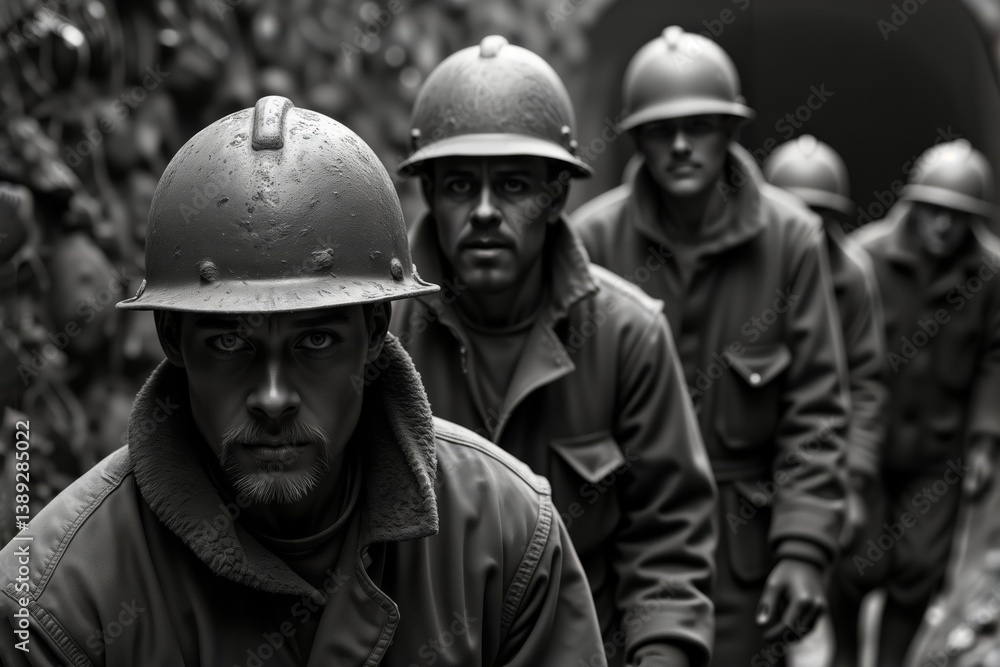 Miners in tunnel. Black and white image of serious workers wearing helmets and safety gear in industrial mining tunnel.