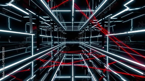  dramatic wide shot of a high-tech corridor illuminated by intense red laser beams crisscrossing in multiple directions. The environment is sleek and futuristic, with reflective black walls 