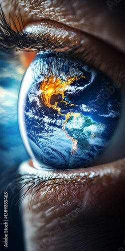 Global Vision Planet Earth Reflected in a Human Eye, Highlighting Environmental Awareness.