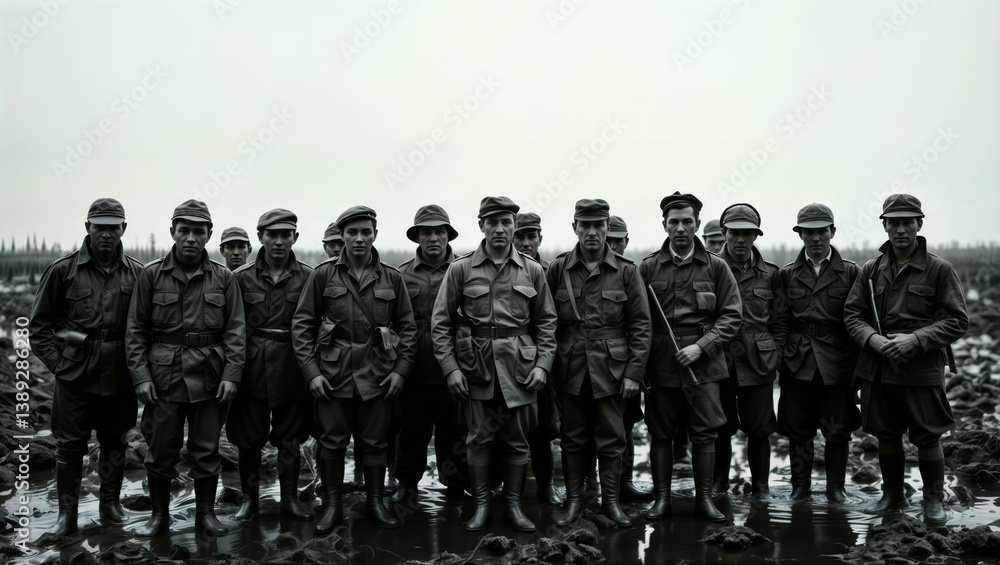 World War I soldiers. Group of soldiers standing in formation in muddy battlefield conditions wearing military uniforms and caps.