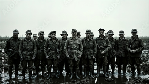 Obraz na płótnie World War I soldiers. Group of soldiers standing in formation in muddy battlefield conditions wearing military uniforms and caps. w salonie