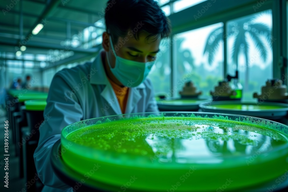 Microalgae cultivation. Scientist in lab coat and face mask examining green algae culture in large circular cultivation tank under specialized lighting.