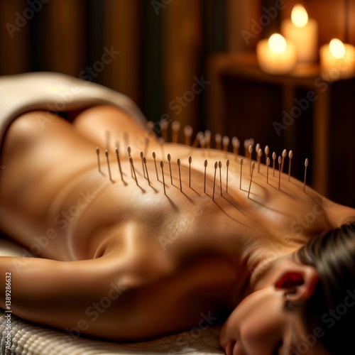 Obraz na płótnie Acupuncture Treatment. Woman receiving acupuncture treatment on her back, with candles in the background. w salonie