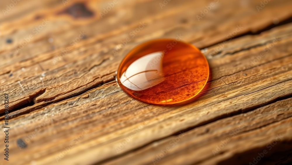 Amber droplet. Close-up of a translucent amber liquid drop on weathered wooden surface, showing beautiful texture contrast and warm orange hue in macro photography.