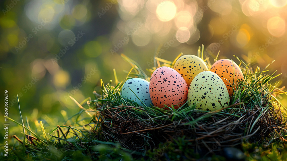 nest with Easter eggs in grass