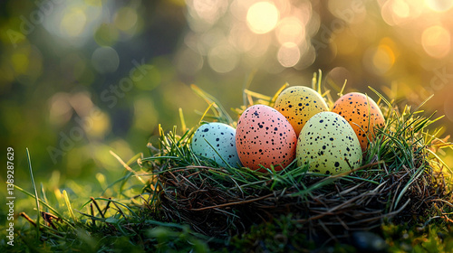 Obraz na płótnie nest with Easter eggs in grass w salonie