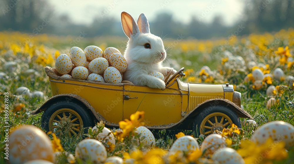 easter bunny bringing eggs in vintage yellow car