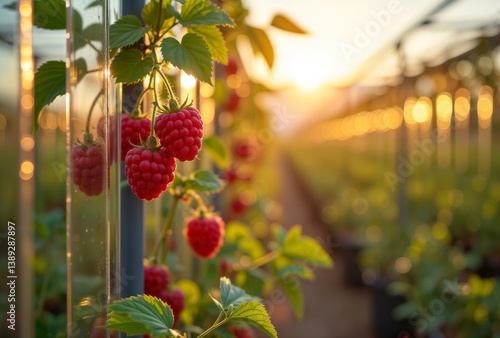 Raspberry harvest sunset. Fresh ripe raspberries growing on plant with green leaves in glass greenhouse at golden sunset, illuminated by warm backlight.