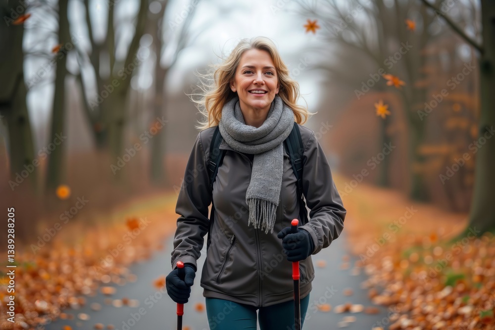 Autumn Nordic Walking. A blonde woman enjoys Nordic walking in an autumnal landscape with falling leaves.