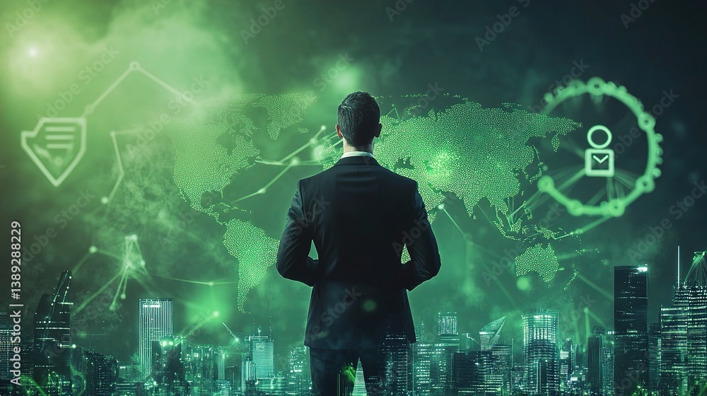 Obraz premium Businessman Embracing Future with Double Exposure in Green Cityscape