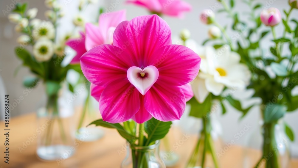 Pink flower heart center. Vibrant pink flower with contrasting white heart-shaped center in sharp focus, with additional flower arrangements visible in background.