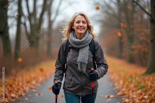 Autumn Nordic Walking. A blonde woman enjoys Nordic walking in an autumnal landscape with falling leaves.