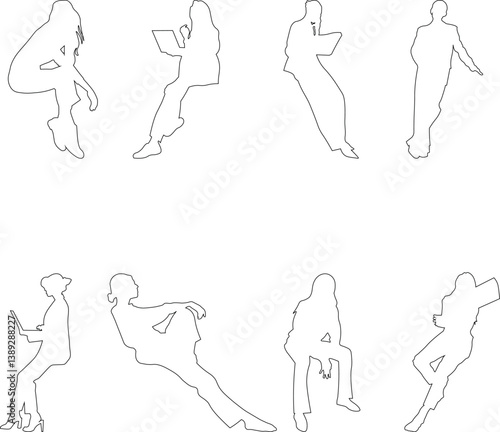 Linear silhouettes of seated people, designed for use in architectural plans, sections, and layouts.	
