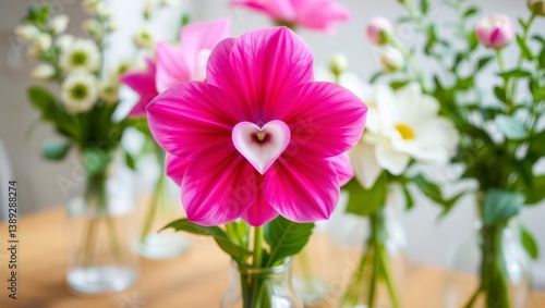 Obraz na płótnie Pink flower heart center. Vibrant pink flower with contrasting white heart-shaped center in sharp focus, with additional flower arrangements visible in background. w salonie