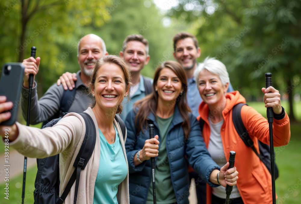 Friends Taking a Selfie. Group of friends taking a selfie together during a Nordic walking outing in a park.