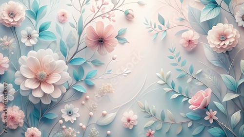 Pastel Floral Arrangement Delicate Paper Flowers and Teal Leaves on a Soft Background