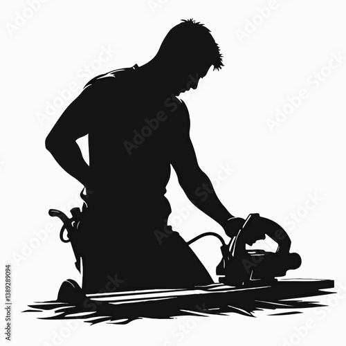 Carpenter using a saw in a workshop setting  