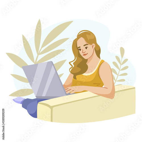 Woman with long hair using a laptop while sitting on a couch, flat graphic style on a white background, concept of remote work. Vector illustration