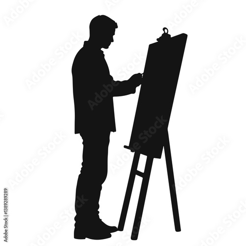 Artist creating artwork at an easel against a plain background  