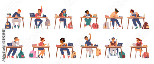 School children sitting at desks studying flat vector illustrations set isolated on white. Pupils of different races and abilities with school supplies and backpacks.