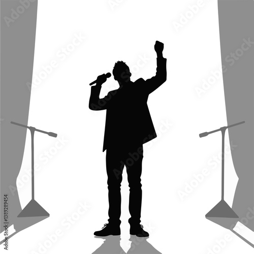 Silhouette of a Singer Celebrating on Stage with Microphone  