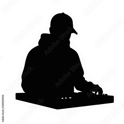 DJ performing with equipment in silhouette against white background  